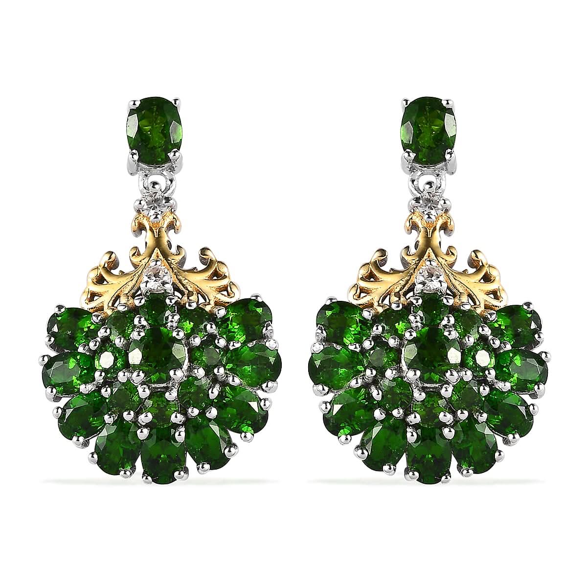 Chrome Diopside and White Zircon Earrings in Vermeil Yellow Gold and Platinum Over Sterling Silver 6.25 ctw