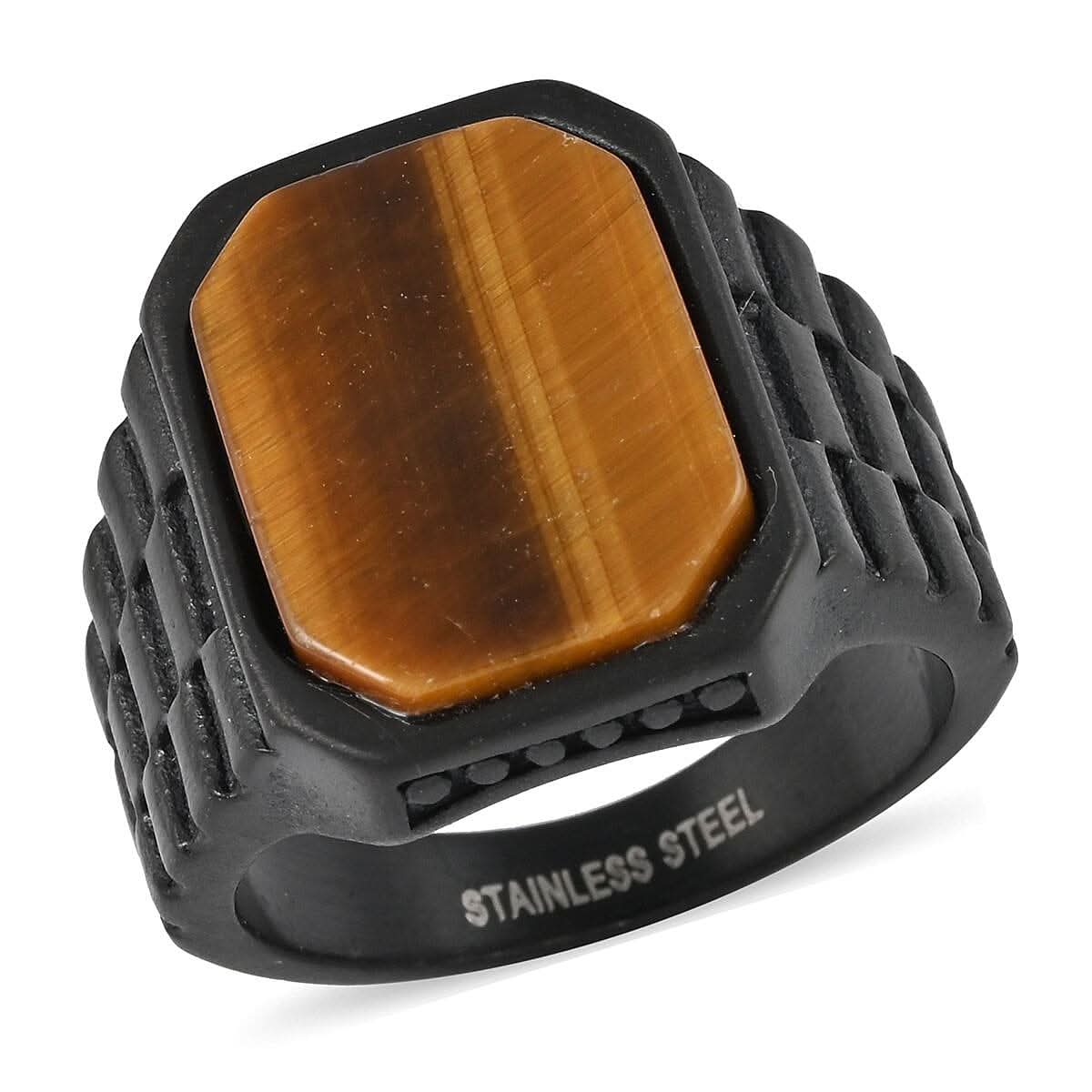 Tiger's Eye Men's Ring in ION Plated Black Stainless Steel (Size 9) 7.50 ctw