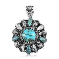 Artisan Crafted Blue Moon Turquoise and White Buffalo Floral Pendant in Sterling Silver 15.50 ctw