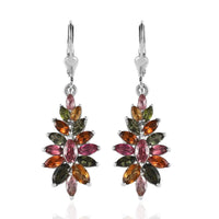Multi-Tourmaline Floral Lever Back Earrings in Platinum Over Sterling Silver 4.25 ctw