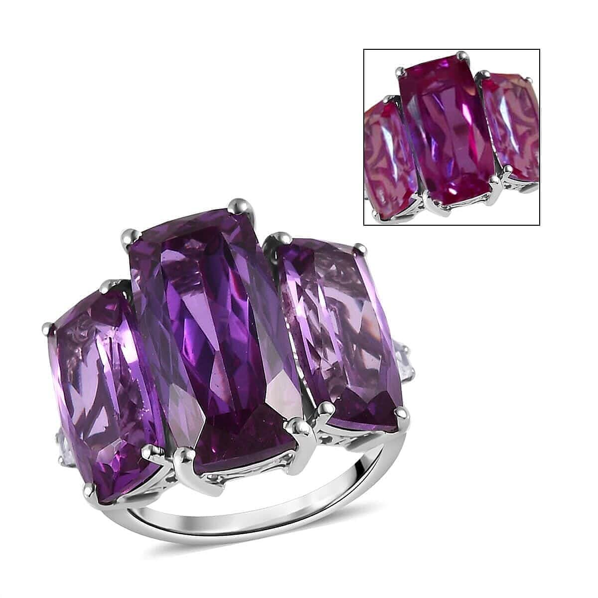 Lab Grown Color Change Sapphire, White Zircon Ring in Platinum Over Sterling Silver (Size 10.0) 23.60 ctw