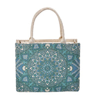 Beige and Turquoise Color Tote Bag with Handle Drop