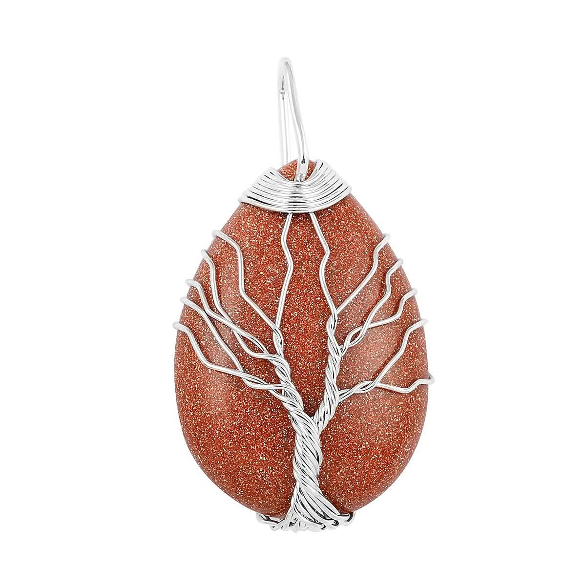Gold Sandstone Teardrop with Tree Wired Pendant in Silvertone 30.00 ctw