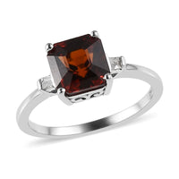 Asscher Cut Red Zircon and Diamond Ring in Platinum Over Sterling Silver 2.80 ctw