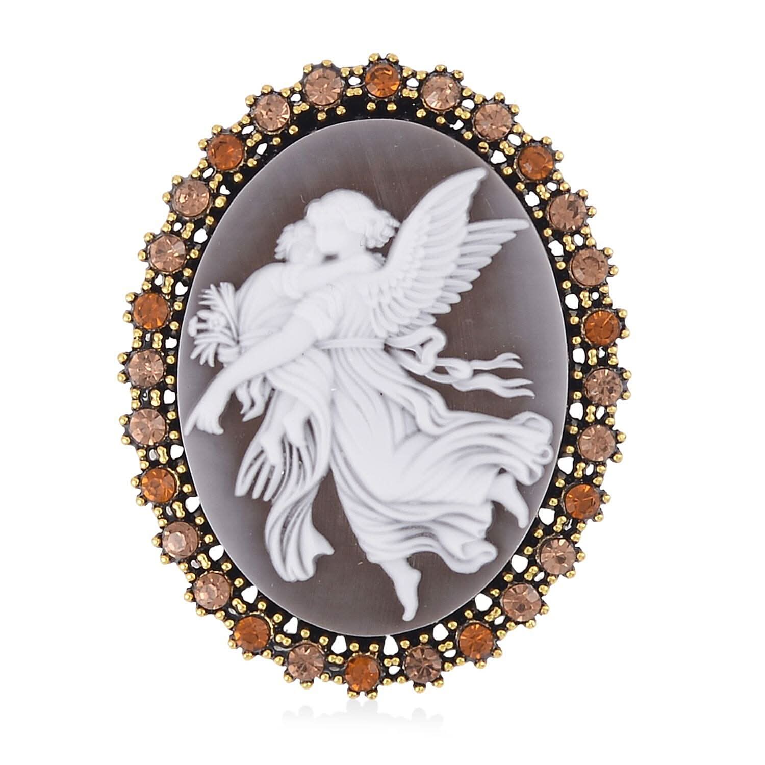Brown Cameo, Champagne and Brown Austrian Crystal Brooch in Goldtone 8.00 ctw