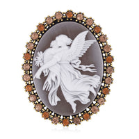 Brown Cameo, Champagne and Brown Austrian Crystal Brooch in Goldtone 8.00 ctw