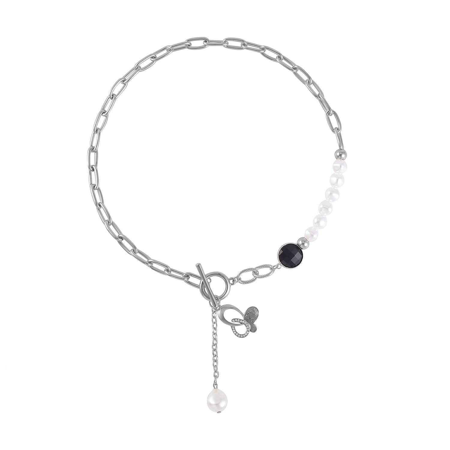 Simulated Pearl, Black Glass, Austrian Crystal Pendant with Link Chain Necklace 20-22 Inches in Silvertone