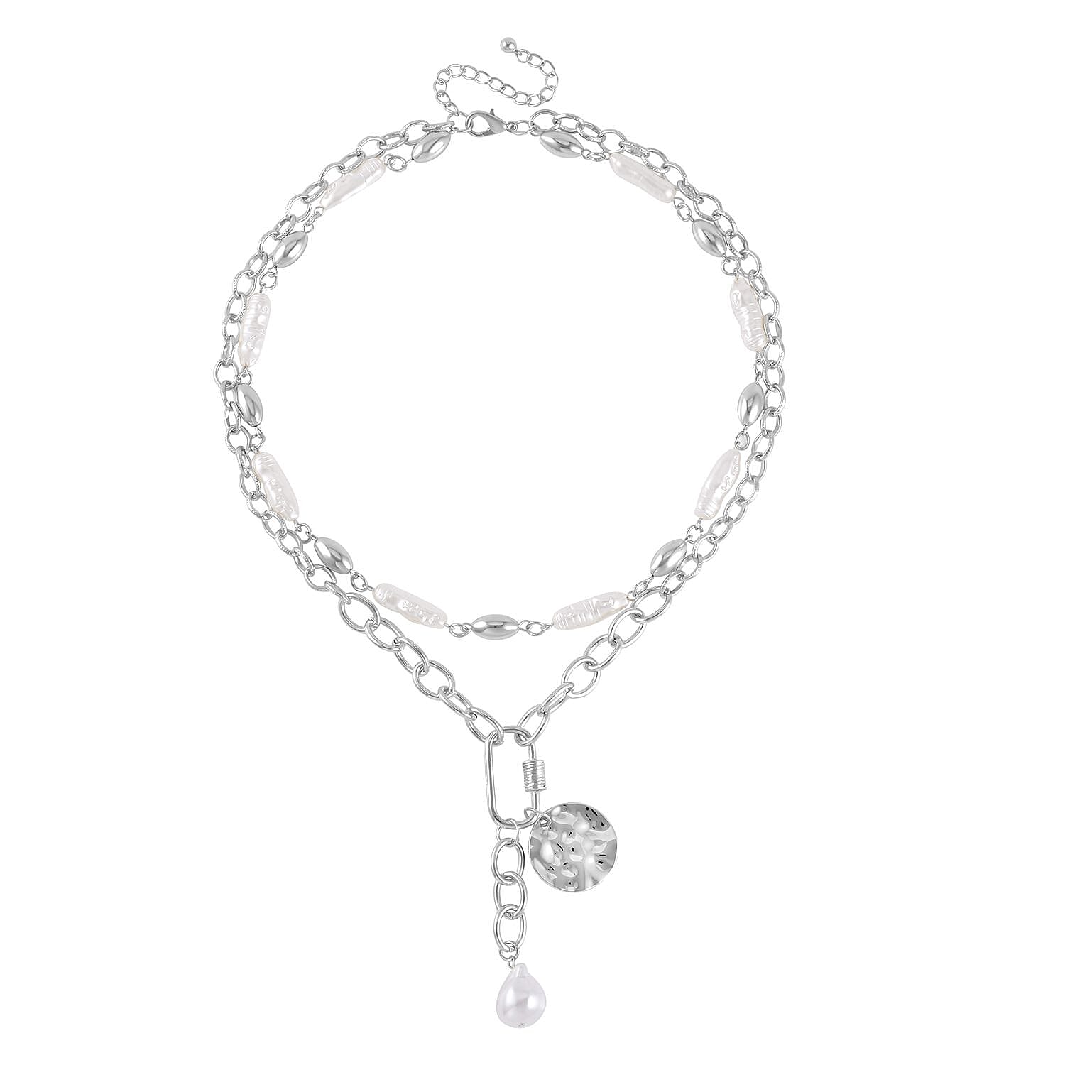 Simulated Pearl Pendant with Link Chain Necklace 20-22 Inches in Silvertone