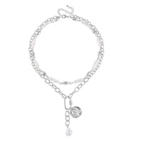 Simulated Pearl Pendant with Link Chain Necklace 20-22 Inches in Silvertone
