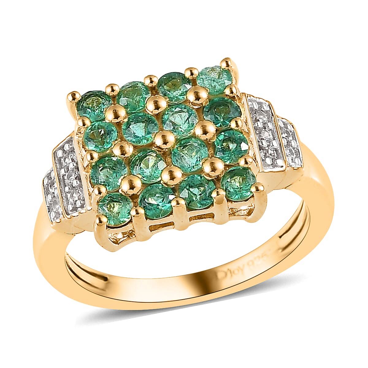 AAA Kagem Zambian Emerald and White Zircon Ring in Vermeil Yellow Gold Over Sterling Silver 0.90 ctw