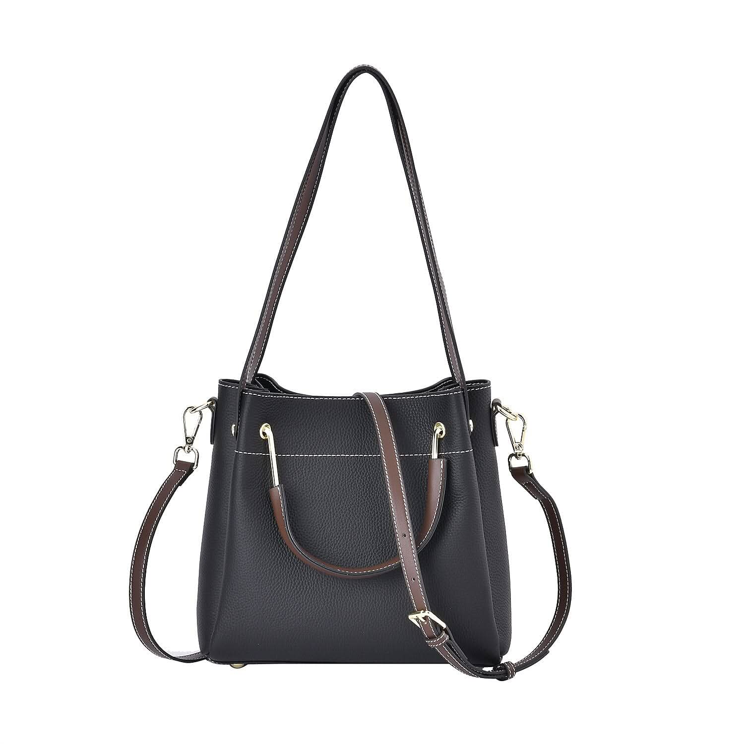 Black Color Genuine Leather Crossbody Bag (9.84"x4.7"x8.7") with Handle Drop and Shoulder Strap