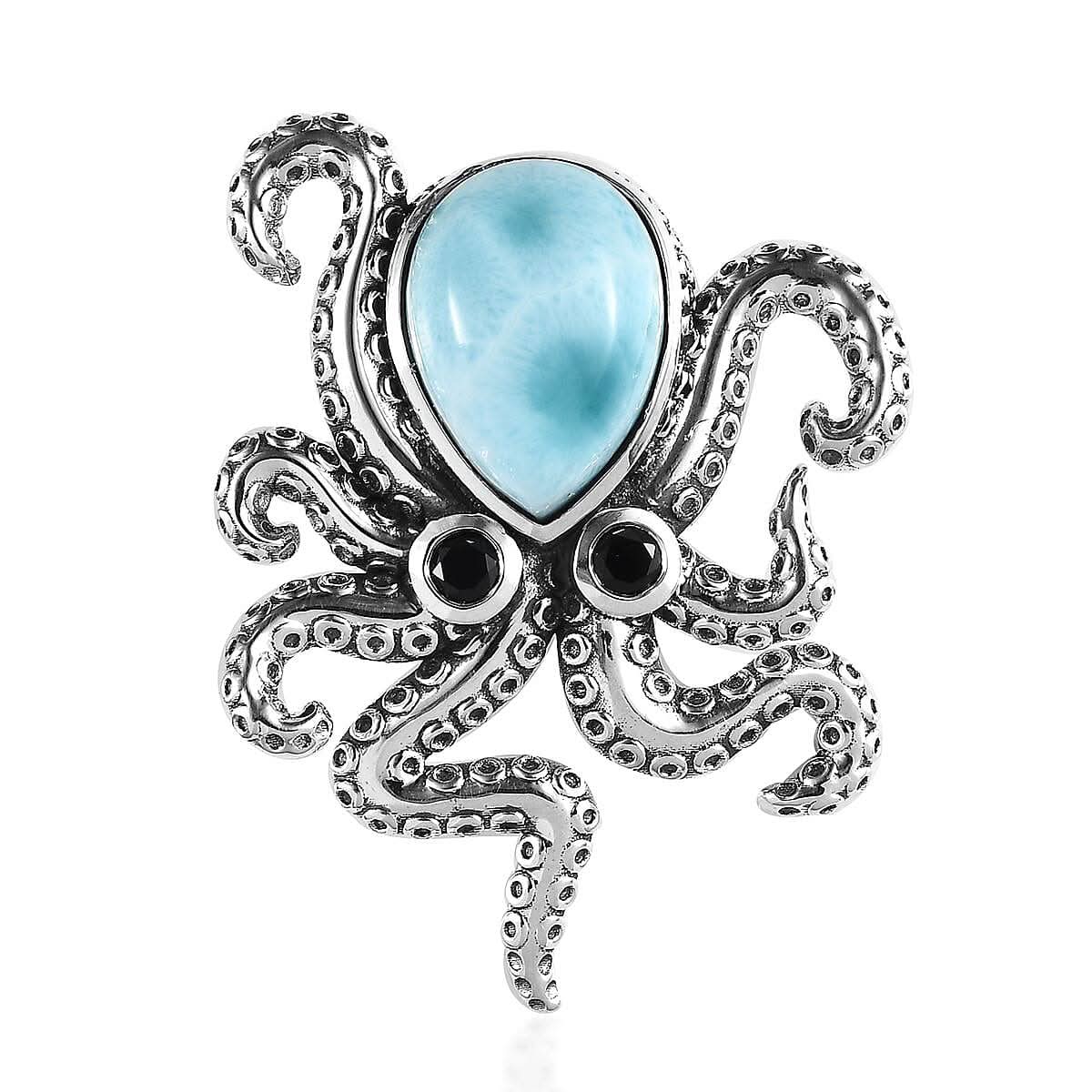 GP Trionfo Collection Premium Larimar and Thai Black Spinel Octopus Pendant in Sterling Silver 6.65 ctw