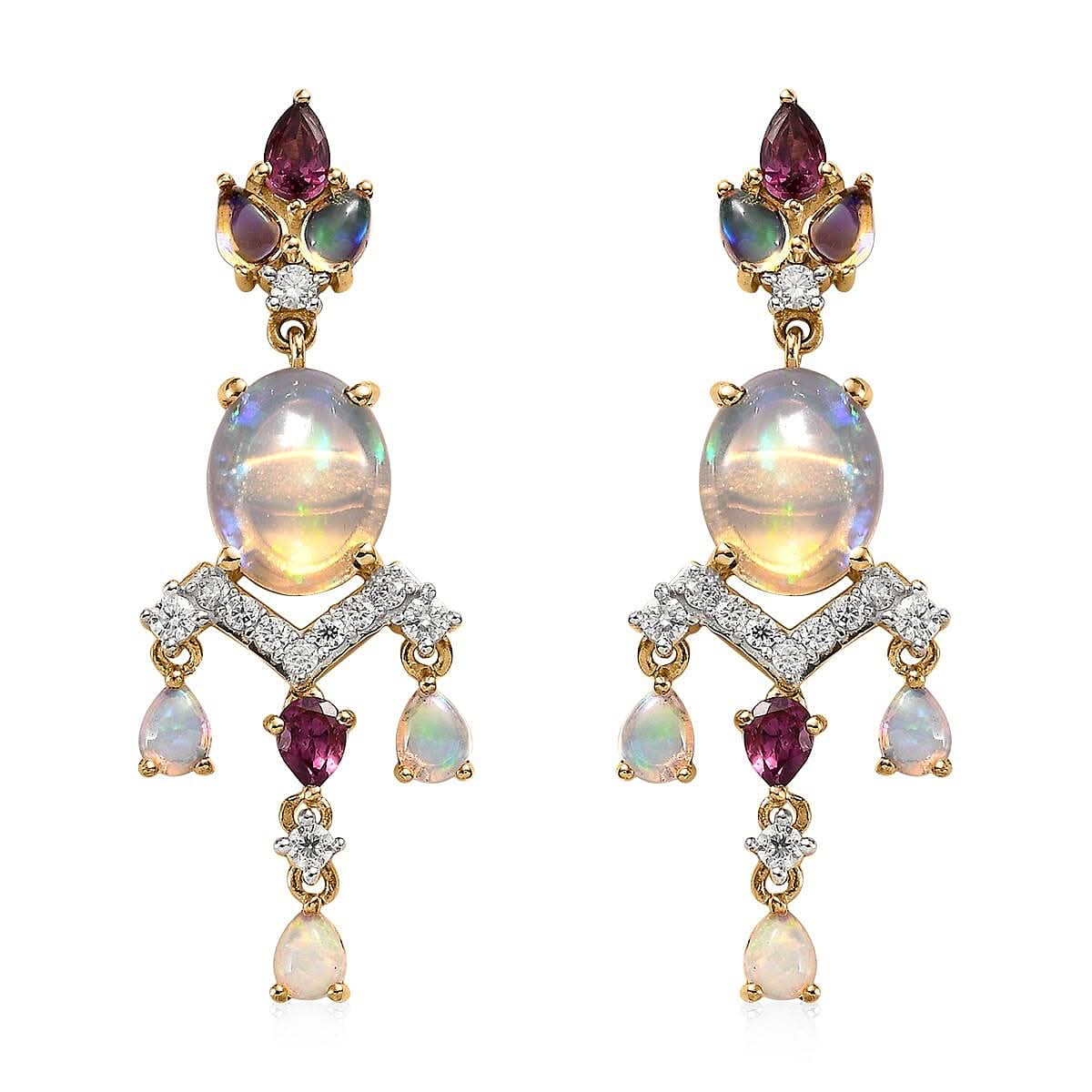 Ethiopian Welo Opal and Multi Gemstone Floral Chandelier Earrings in Vermeil Yellow Gold Over Sterling Silver 5.75 ctw