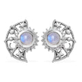 Premium Rainbow Moonstone, Moissanite Celestial Sun, Moon, and Stars Statement Earrings in Platinum Over Sterling Silver 1.60 ctw - Sticky add to cart bar