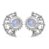 Premium Rainbow Moonstone, Moissanite Celestial Sun, Moon, and Stars Statement Earrings in Platinum Over Sterling Silver 1.60 ctw