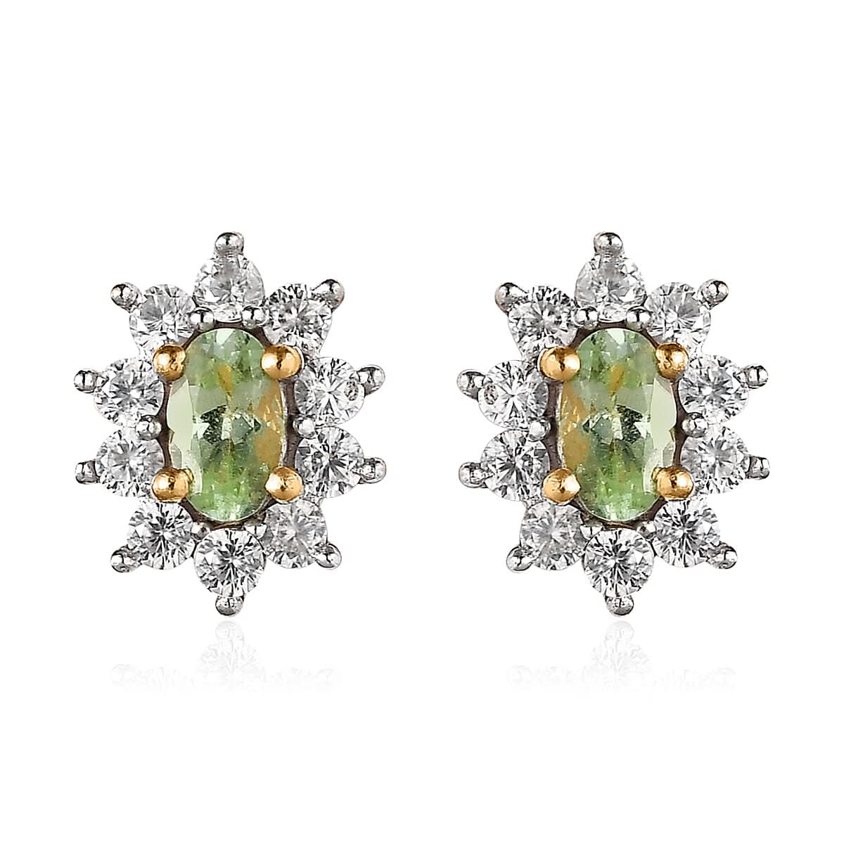 Premium Tsavorite Garnet and White Zircon Floral Stud Earrings in Vermeil Yellow Gold Over Sterling Silver 1.25 ctw