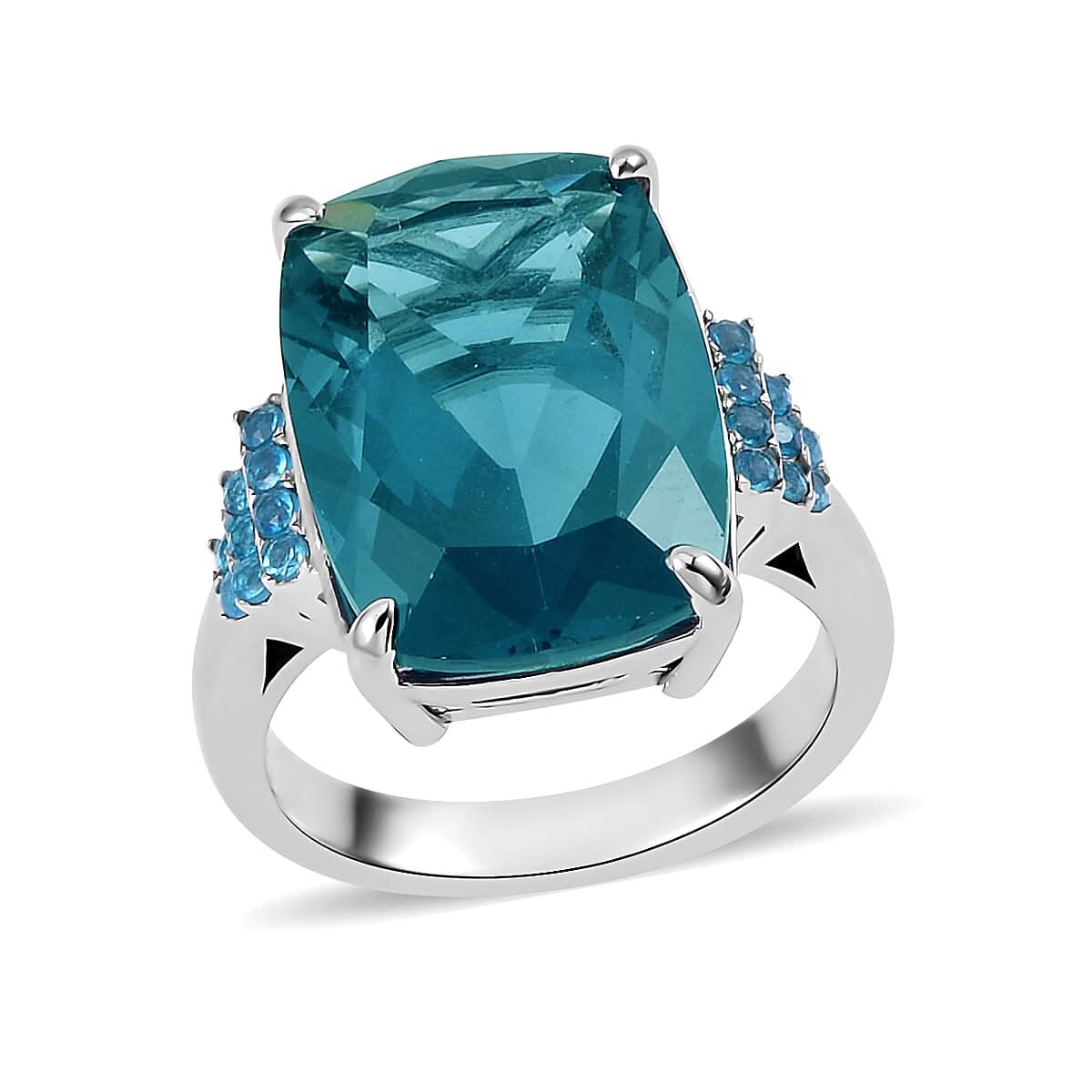 Teal Fluorite and Malgache Neon Apatite Ring in Rhodium Over Sterling Silver (Size 10.0) 16.50 ctw