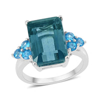 Teal Fluorite and Malgache Neon Apatite Ring in Rhodium Over Sterling Silver (Size 10.0) 9.90 ctw