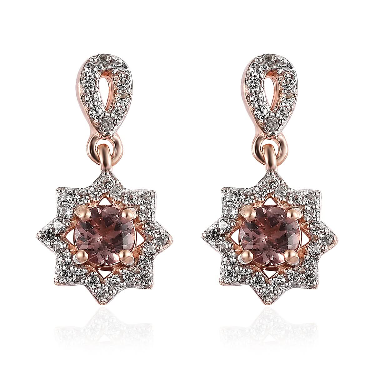 D'Joy Red Rose Apatite and White Zircon Dangling Earrings in Vermeil Rose Gold Over Sterling Silver 0.90 ctw