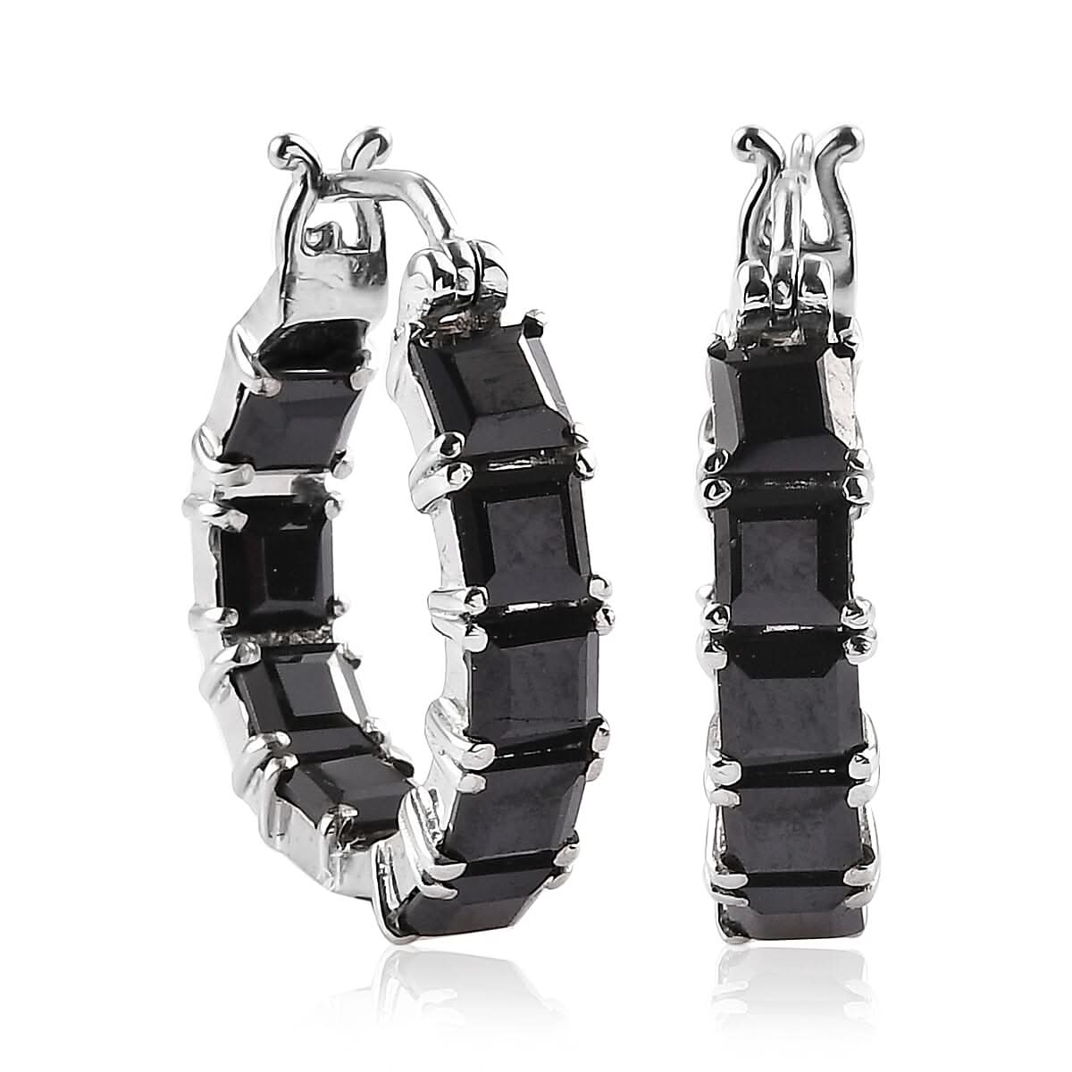 Thai Black Spinel Inside Out Hoop Earrings in Stainless Steel 6.10 ctw
