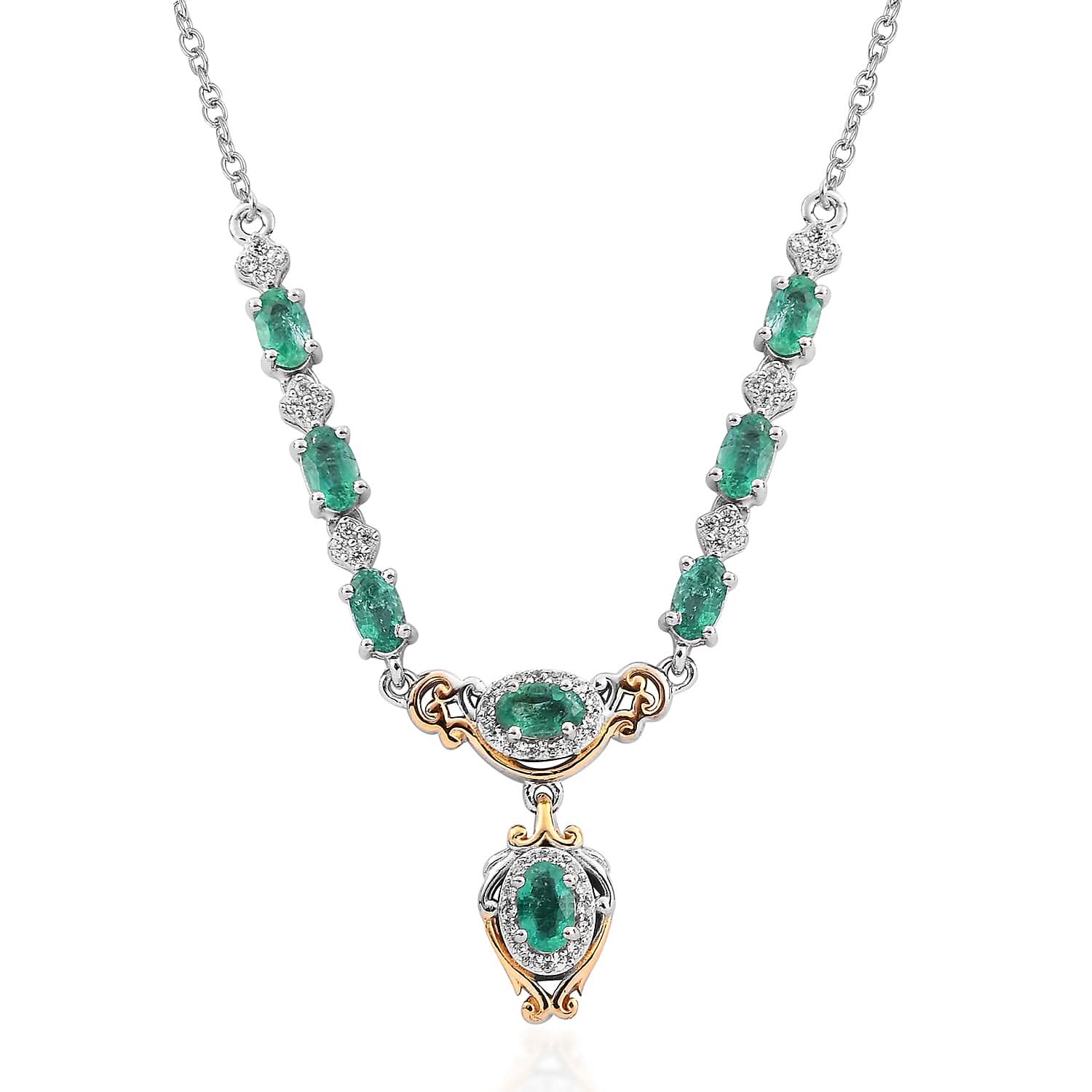 AAA Kagem Zambian Emerald and White Zircon Necklace 18-20 Inches in Vermeil Yellow Gold and Platinum Over Sterling Silver 2.50 ctw