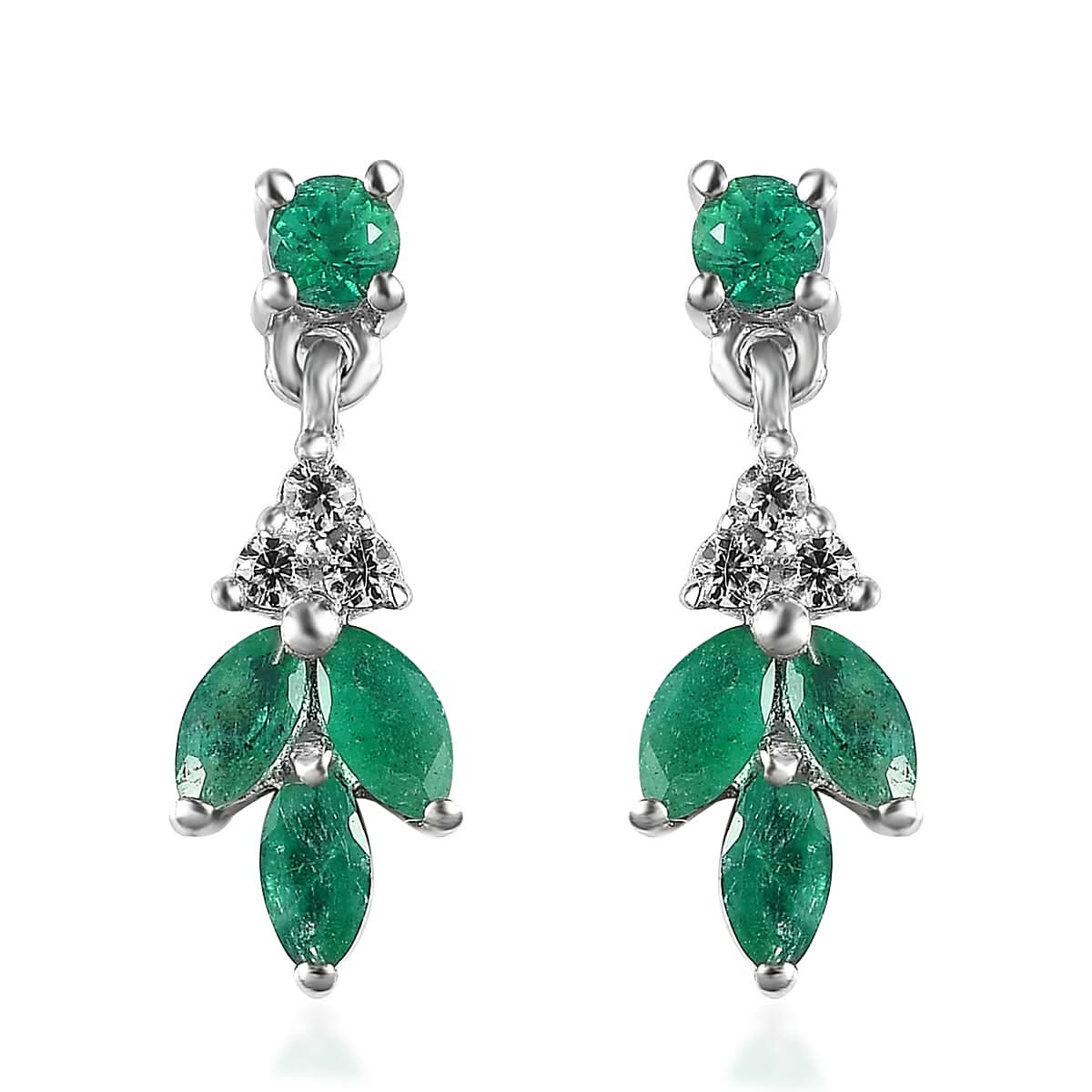 AAA Kagem Zambian Emerald and White Zircon Earrings in Platinum Over Sterling Silver 0.70 ctw