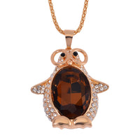 Simulated Champagne Quartz, Black and White Austrian Crystal Penguin Pendant with Necklace in Goldtone 28-30 Inches
