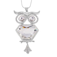 White Austrian Crystal Owl Necklace in Silvertone 28-30 Inches