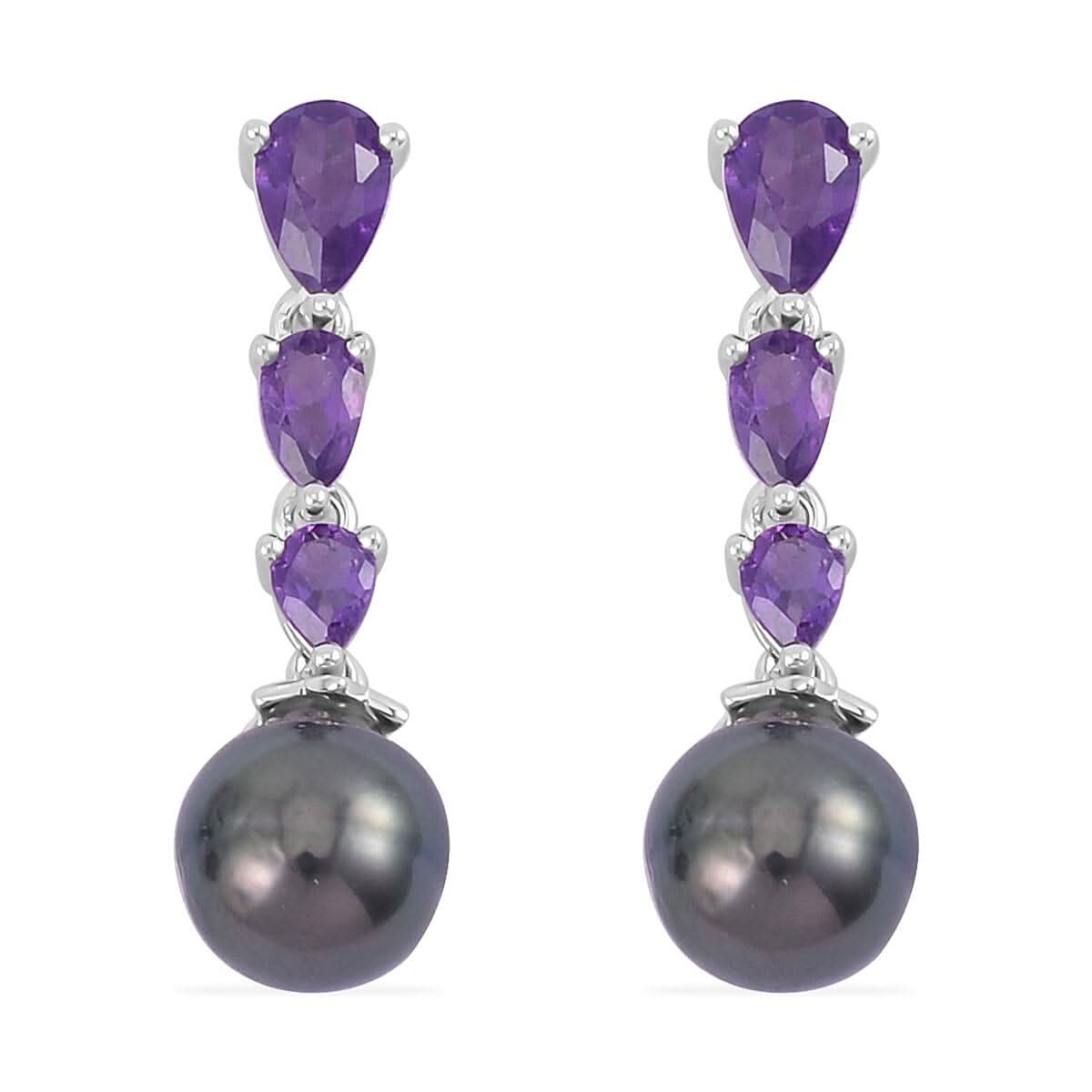 Tahitian Cultured Pearl and Amethyst Dangle Earrings in Rhodium Over Sterling Silver 1.40 ctw