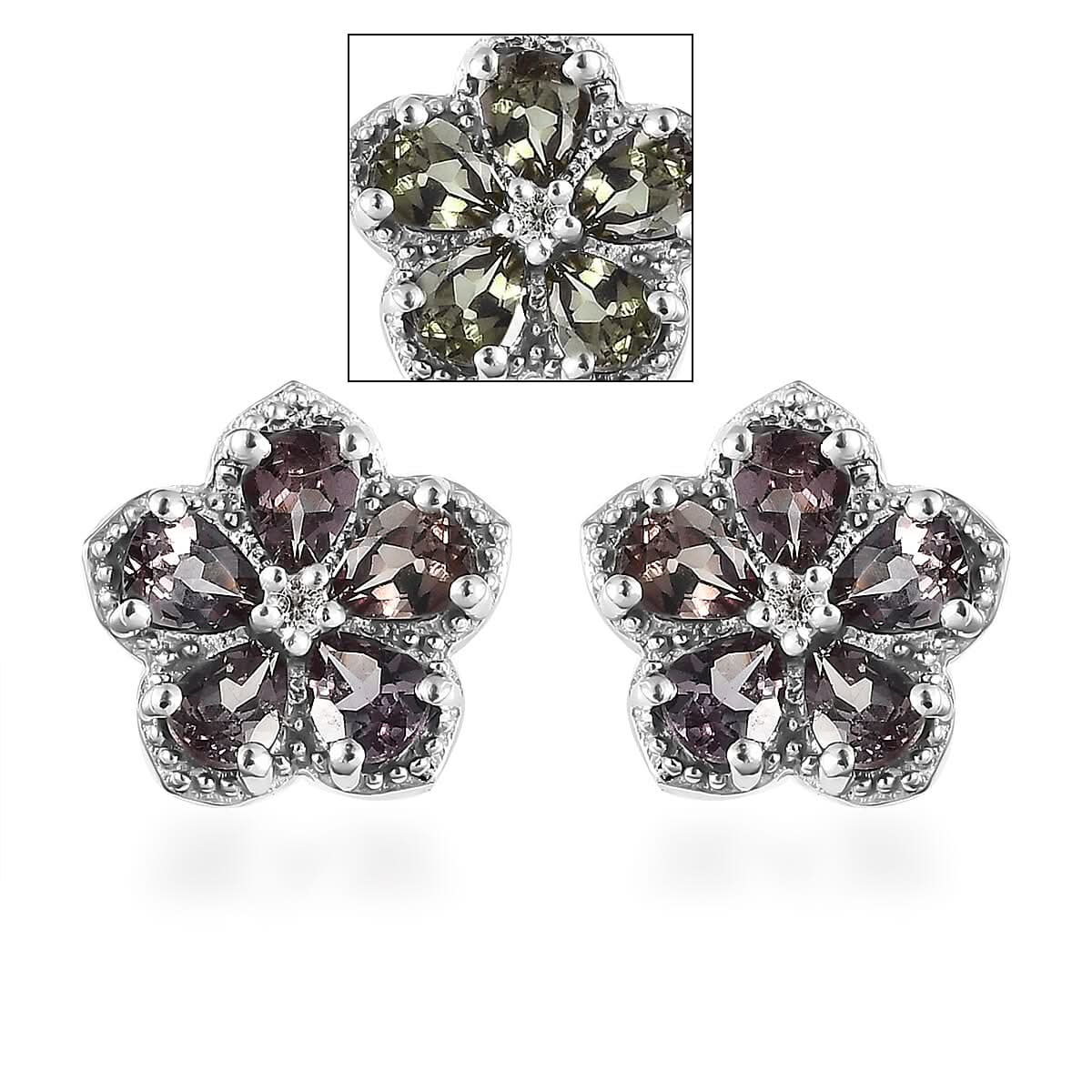 Bekily Color Change Garnet and White Zircon Floral Stud Earrings in Platinum Over Sterling Silver 1.75 ctw