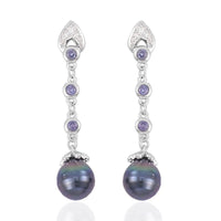 Tahitian Cultured Pearl and Multi Gemstone Dangle Earrings in Rhodium Over Sterling Silver 0.30 ctw