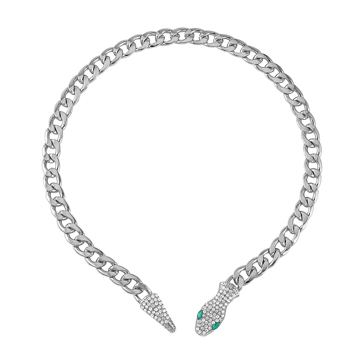 Green Glass and White Austrian Crystal Cable Link Chain with Snake Head & Tail Necklace 22 Inches in Silvertone