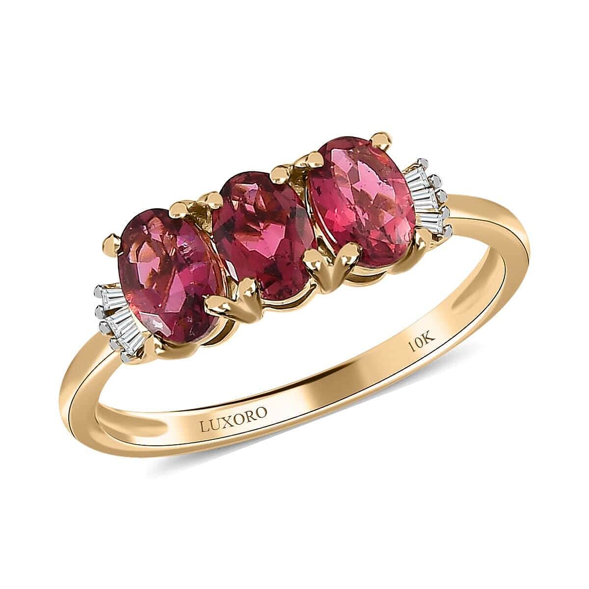 Luxoro 10K Yellow Gold Premium Ouro Fino Rubellite and G-H I3 Diamond 3 Stone Ring 1.50 ctw