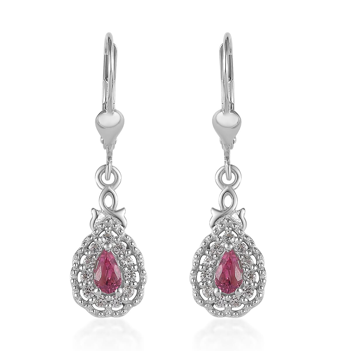 Premium Ouro Fino Rubellite and White Zircon Earrings in Platinum Over Sterling Silver 0.85 ctw