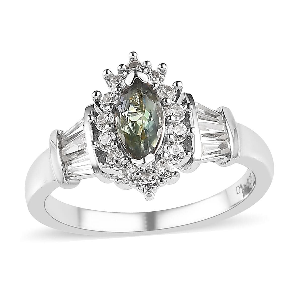 Green Tanzanite and White Zircon Halo Ring in Platinum Over Sterling Silver 1.10 ctw