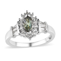 Green Tanzanite and White Zircon Halo Ring in Platinum Over Sterling Silver 1.10 ctw