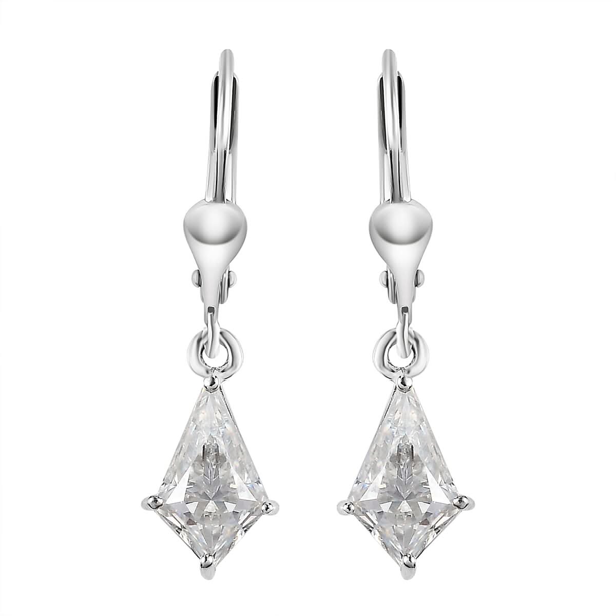 Moissanite Solitaire Lever Back Earrings in Platinum Over Sterling Silver 2.15 ctw
