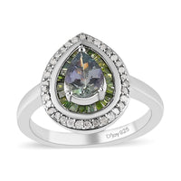 Green Tanzanite, Green and White Diamond Double Halo Ring in Platinum Over Sterling Silver (Size 10.0) 1.25 ctw