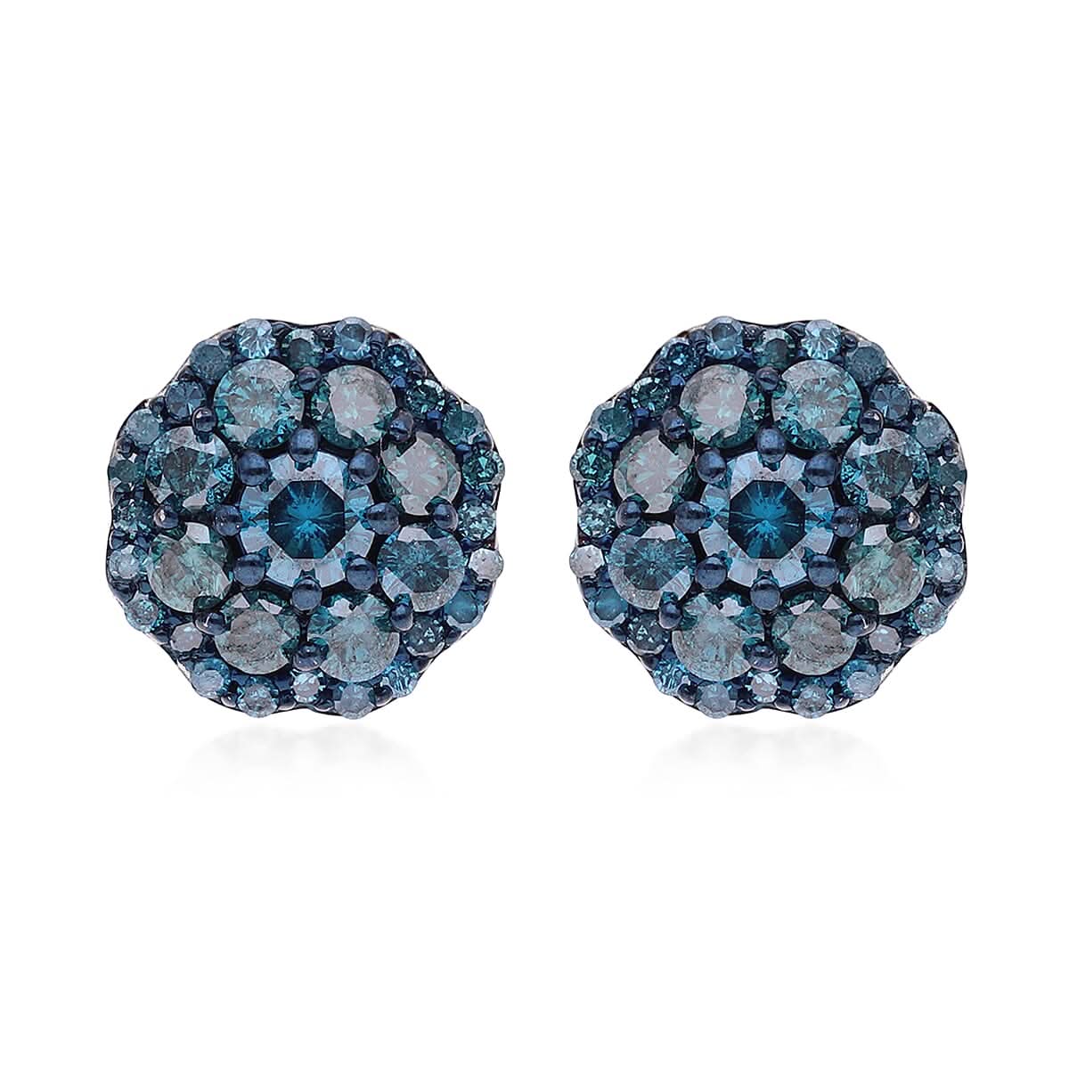 Blue Diamond Floral Stud Earrings in Platinum Over Sterling Silver 1.00 ctw