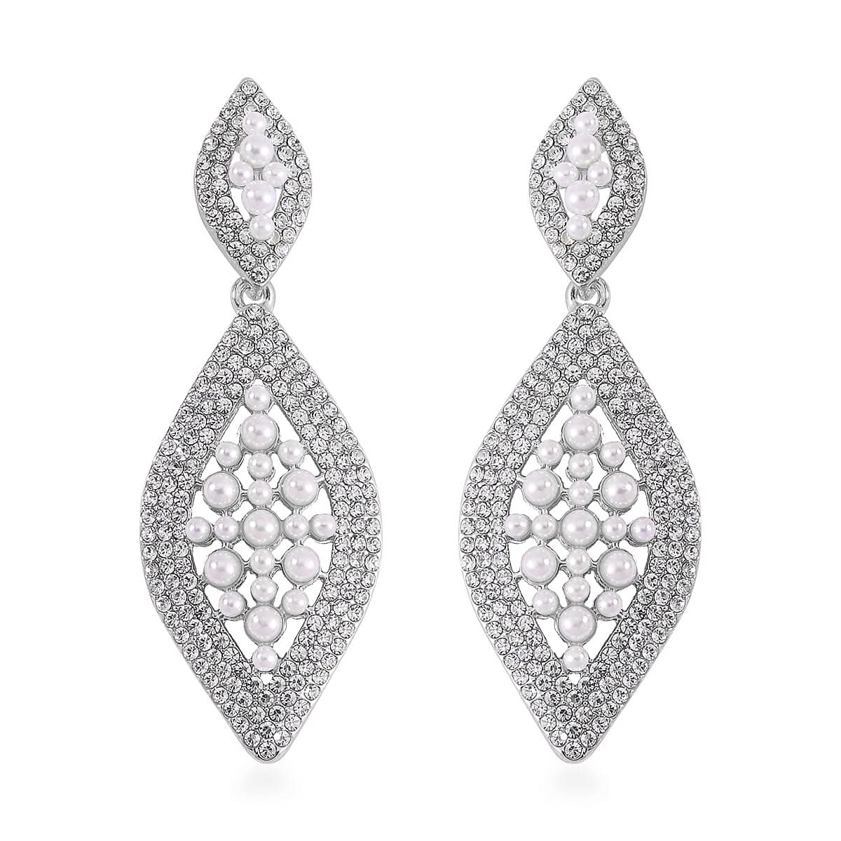 Simulated Pearl, Austrian Crystal Earrings in Silvertone