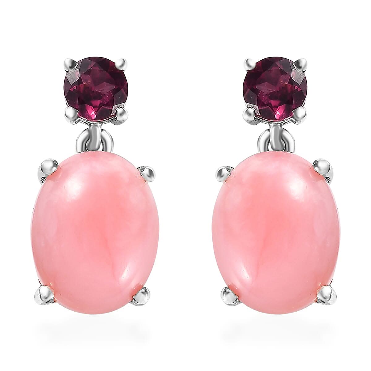 Premium Peruvian Pink Opal and Orissa Rhodolite Garnet Drop Earrings in Platinum Over Sterling Silver 5.00 ctw