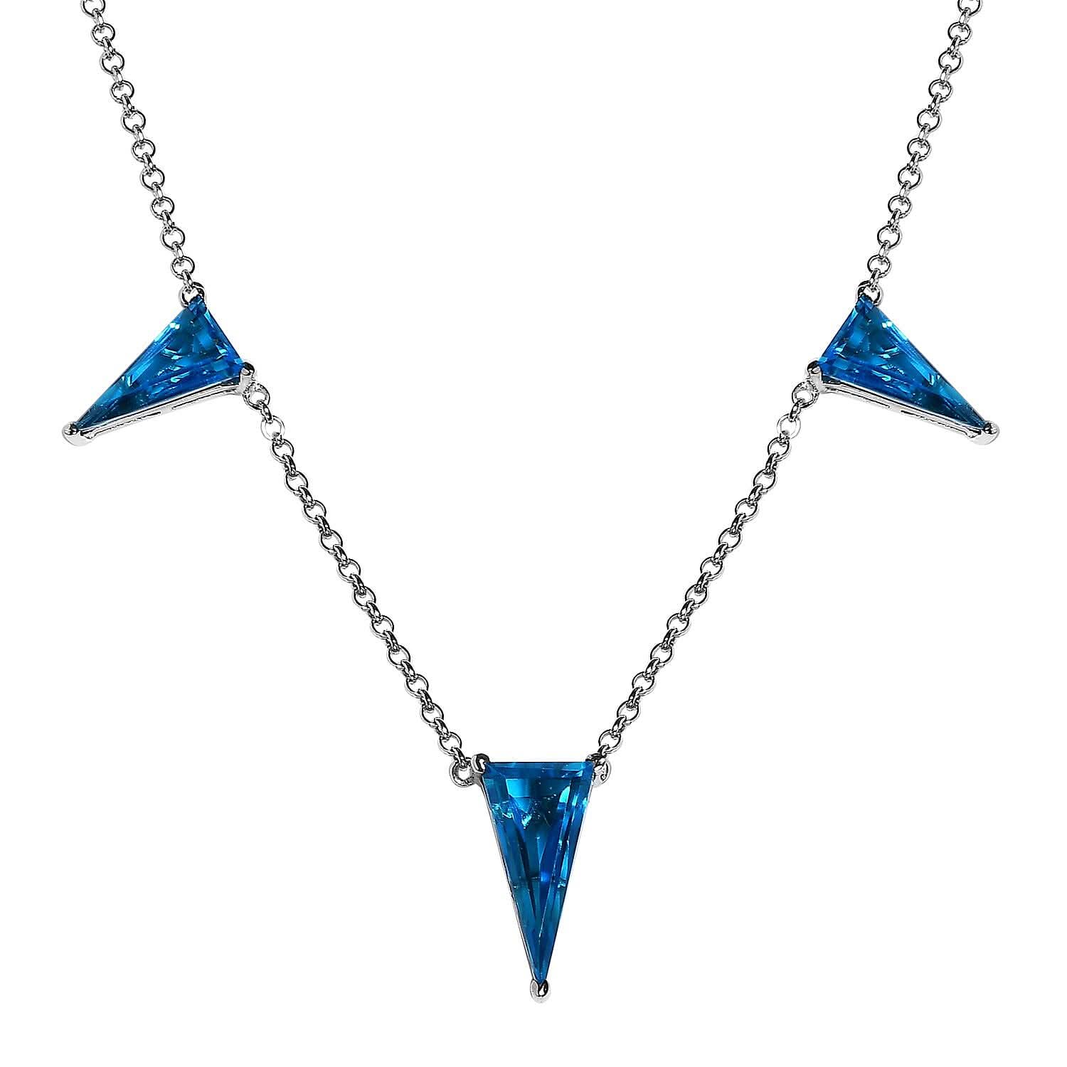 Caribbean Quartz (Triplet) Triangle Shape Station Necklace 18 Inches in Platinum Over Sterling Silver 14.25 ctw (Del. in 7-10 Days)