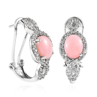 D'Joy Premium Peruvian Pink Opal and White Zircon Omega Clip Earrings in Platinum Over Sterling Silver 4.50 ctw