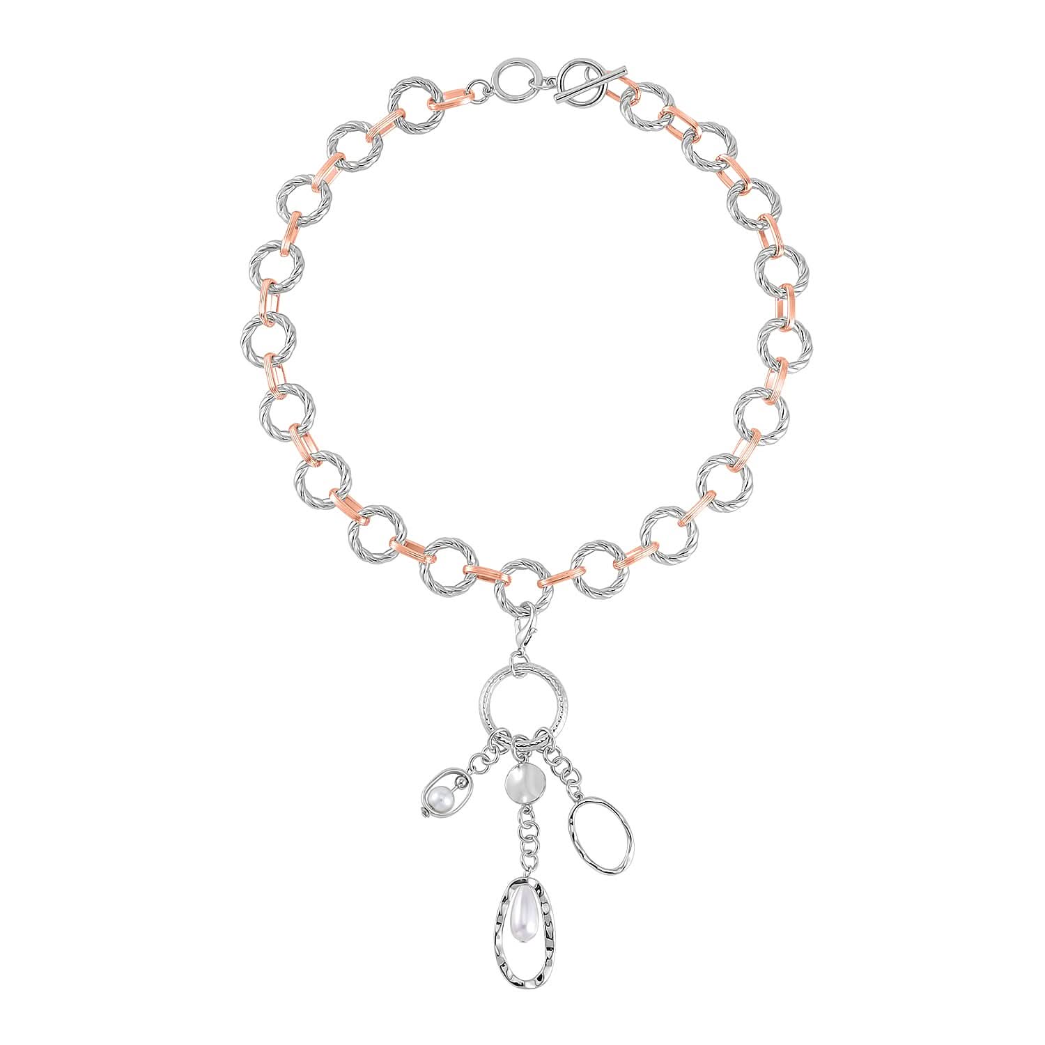 Simulated Pearl Cable Chain Necklace 24-25 Inches with Charm in Silvertone and Rosetone