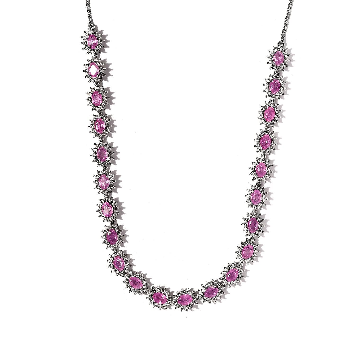 Ilakaka Hot Pink Sapphire (FF) and White Zircon Necklace 18 Inches in Platinum Over Sterling Silver 37.50 ctw
