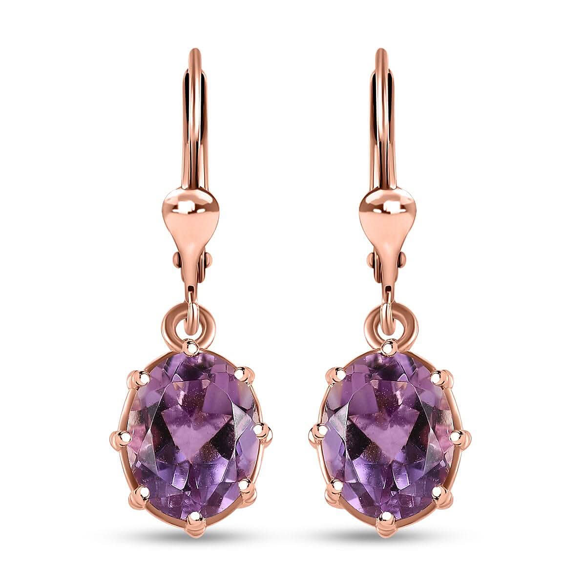 Rose De France Amethyst Solitaire Lever Back Earrings in 14K Rose Gold Over Sterling Silver 3.40 ctw