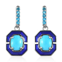 Sleeping Beauty Turquoise and Malgache Neon Apatite, Enameled Dangling Earrings in Platinum Over Sterling Silver 3.15 ctw