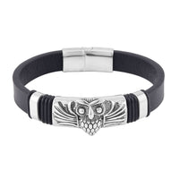 Owl Bracelet in Black Leather Cord and Black Oxidised Stainless Steel (8.50 In)