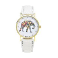 STRADA Austrian Crystal Japanese Movement Elephant Watch with White Faux Leather Strap (6.50-8.00 Inches) 0.20 ctw