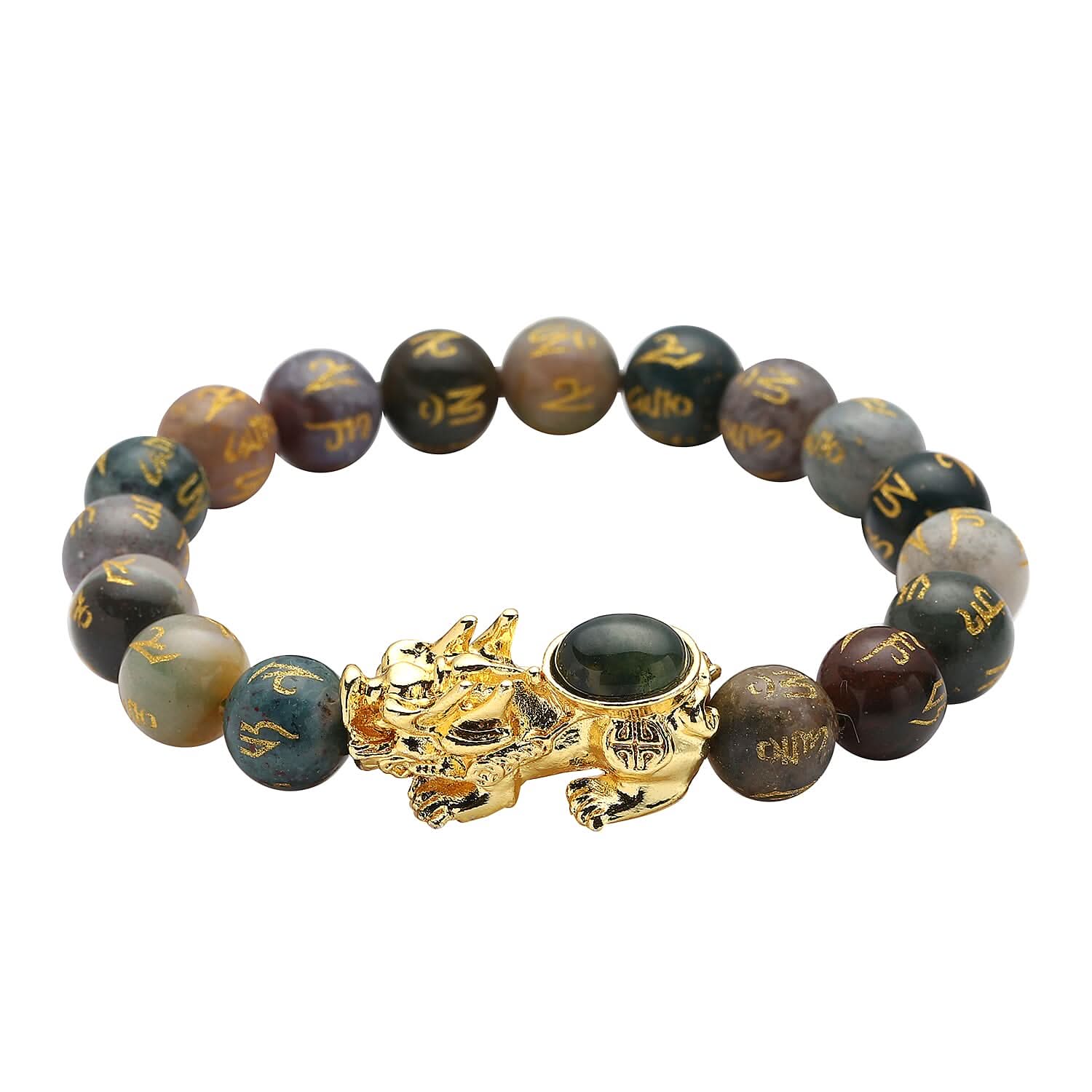 Feng Shui Black Obsidian Beaded with Pi Xiu Charm Stretch Bracelet in Goldtone 109.50 ctw (1)